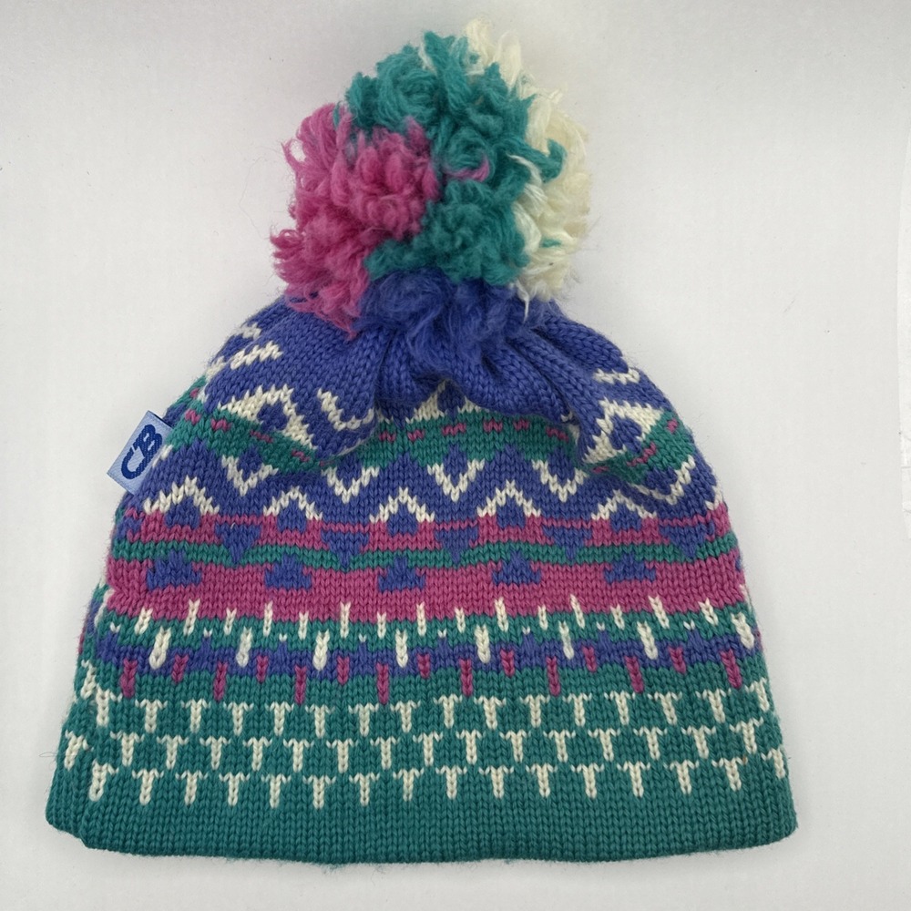 Vintage CB 100% Wool Knit Winter Snow Ski Beanie Hat Pink Purple Teal w/ Pom‎